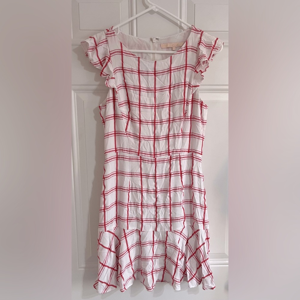 Hutch Anthropologie Windowpane Red Dress Ruffle Hem & Sleeve Boho Women’s Size 2